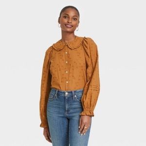 Universal Thread Long Sleeve Eyelet Collared Top XS Burnt Orange